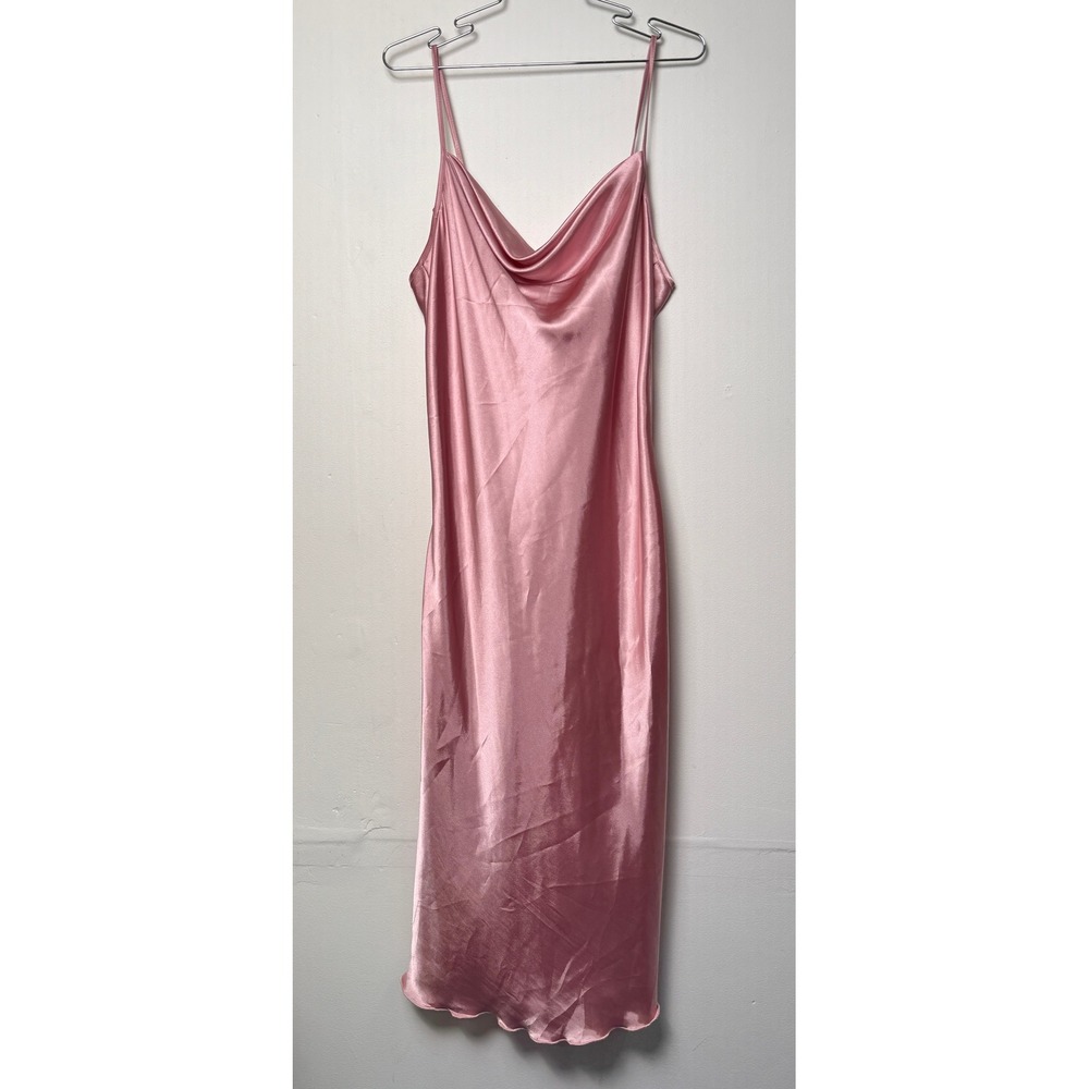Bebe Pink Satin Cowl Neck Midi Slip Dress Lettuce Hem USA Made Womens Large